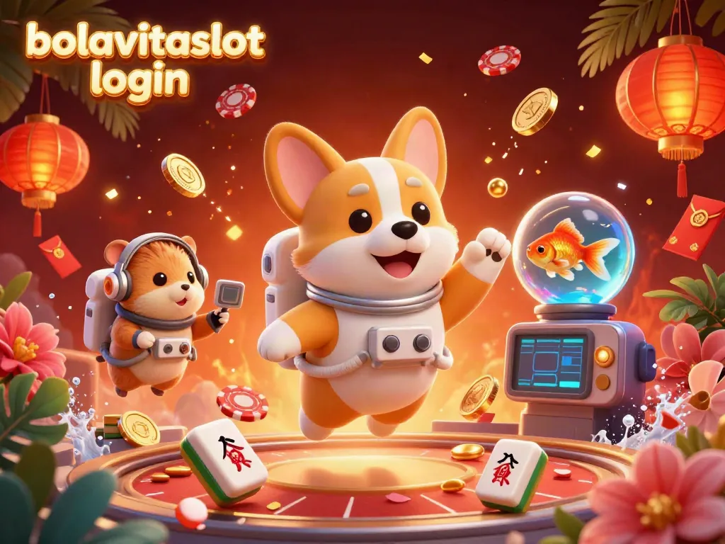 Celebrate big wins with bolavitaslot login in a vibrant animated casino scene featuring a floating corgi astronaut.