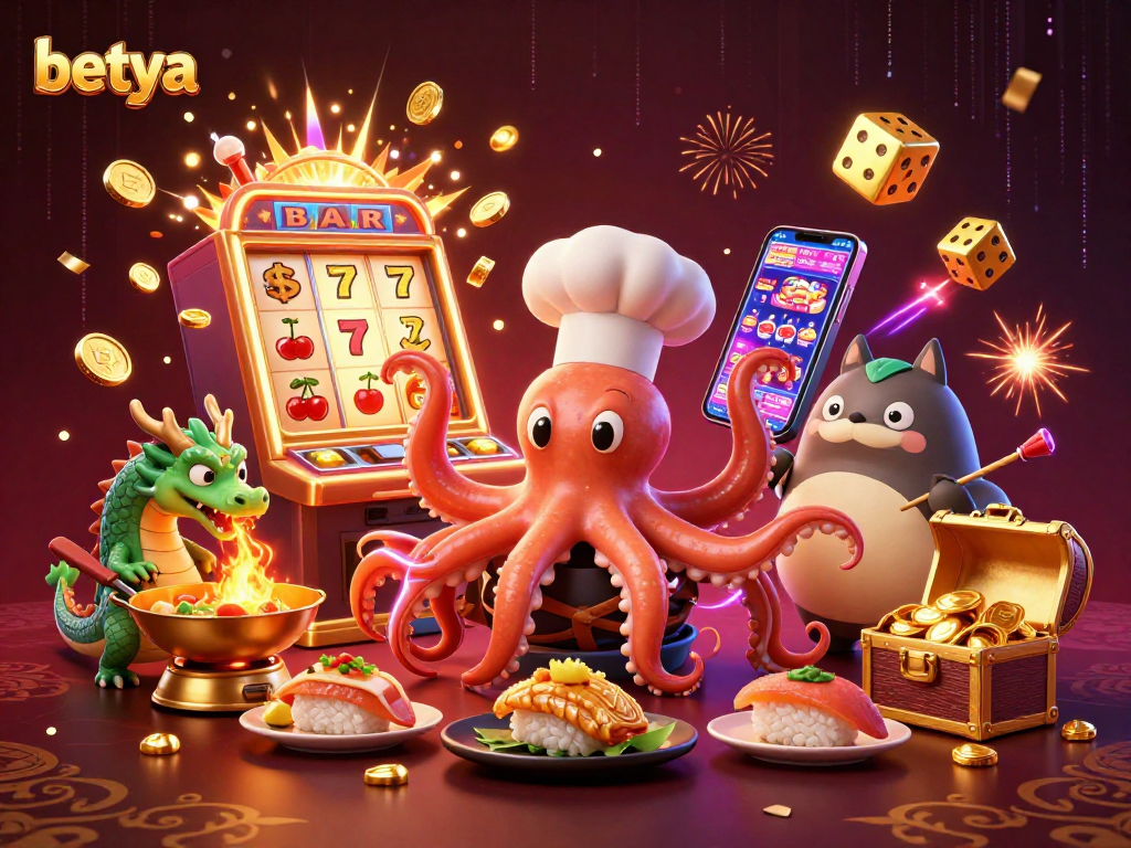 Betya's exhilarating casino atmosphere features a vibrant octopus chef serving up golden dishes.