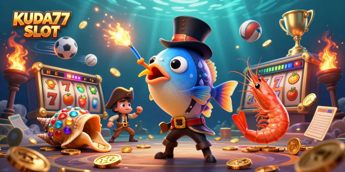 Permainan seru KUDA77 SLOT dengan ikan pemancing 3D dan simbol slot, mendatangkan keuntungan besar.