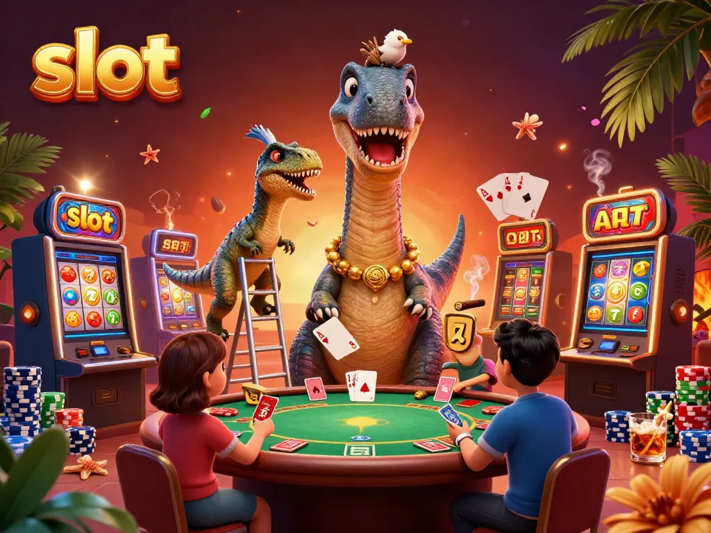 Engaging slot game scene featuring a brontosaurus and a raptor in a vibrant casino setting.
