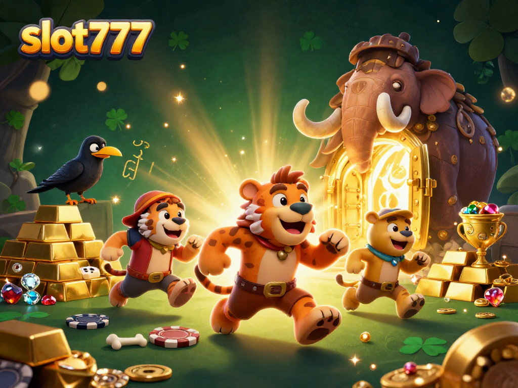 Mainkan slot777 di kasino pra-sejarah sambil dikelilingi oleh tumpukan harta karun dan simbol menang.