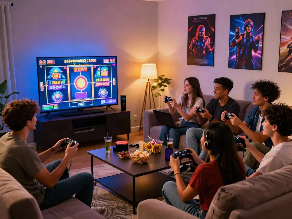 Friends enjoying a casual gaming night playing ทดลองสล็อต on a large TV with snacks and drinks.