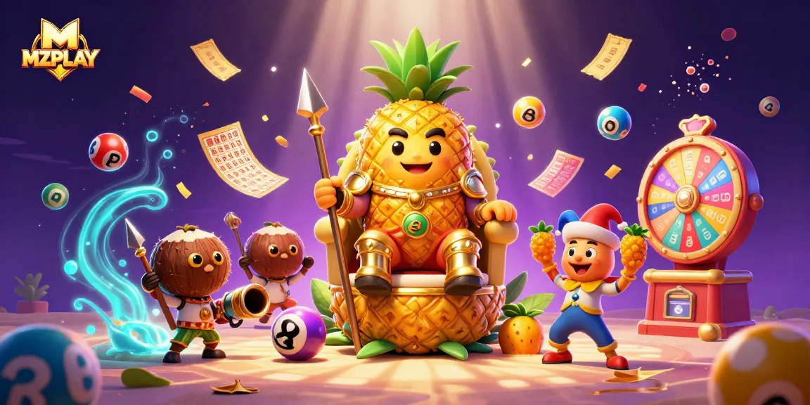 MZPLAY features a golden pineapple king and carnival elements creating a lively beach casino scene.
