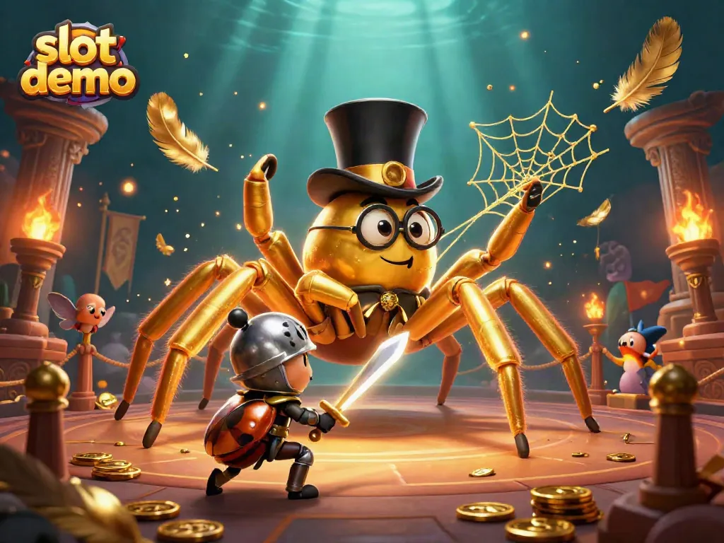 Demo slot gacor menampilkan tarantula emas, ksatria beetle, dan elemen kasino yang kaya.