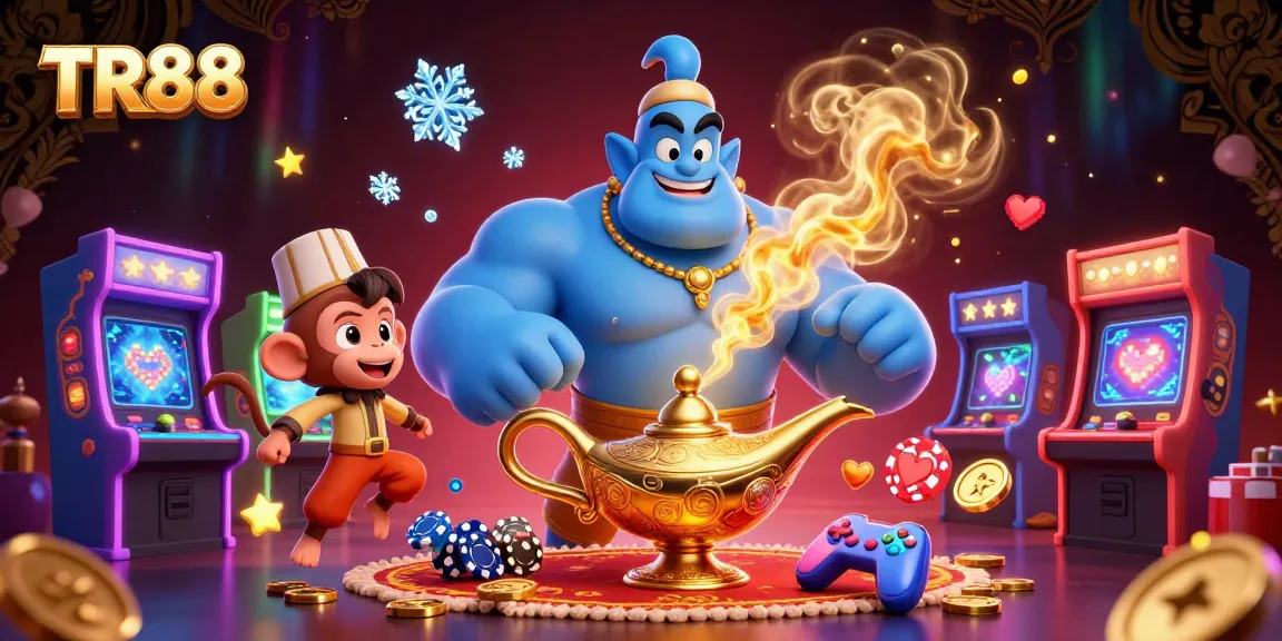 Engage in exciting casino adventures at TR88 with a vibrant 3D illustration showcasing a genie and poker chips.