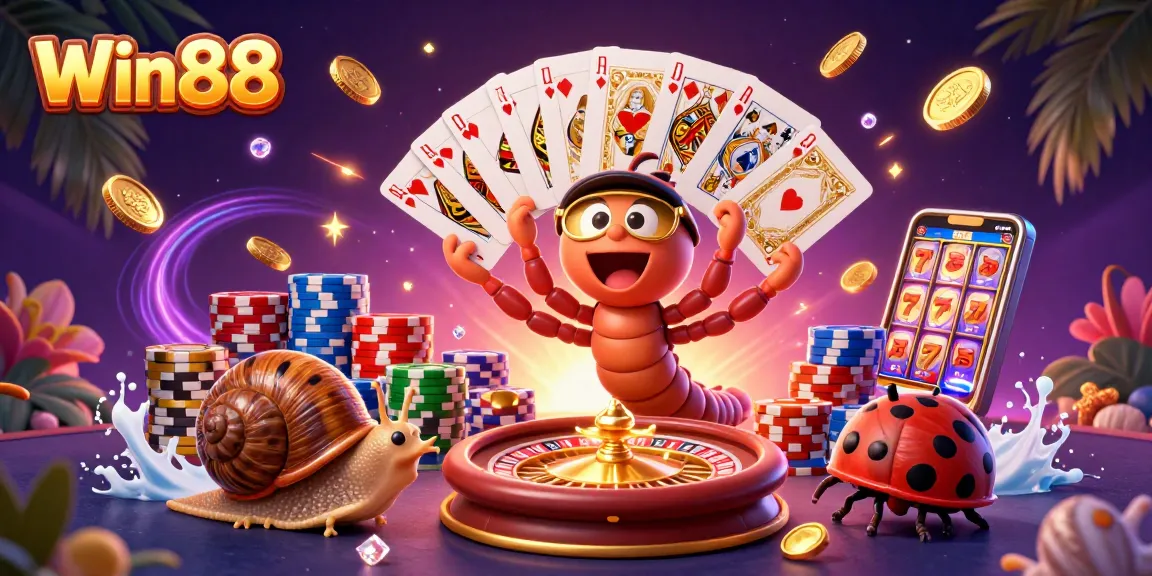 Win88 delights players with a vibrant casino scene featuring a cartoon millipede dealer and exciting game elements.