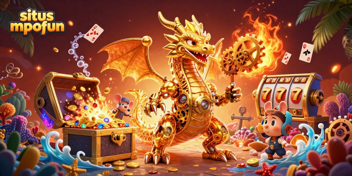 situs mpofun offers thrilling slots with a golden dragon and treasure-filled elements in an engaging 3D scene.