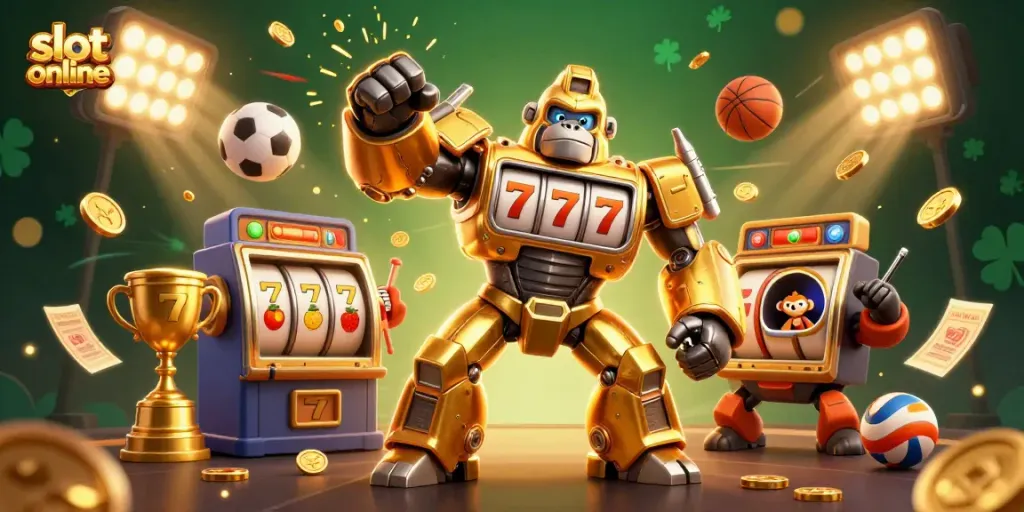 Engaging slot online illustration featuring a golden mech, slot machine elements, and dynamic sports balls.