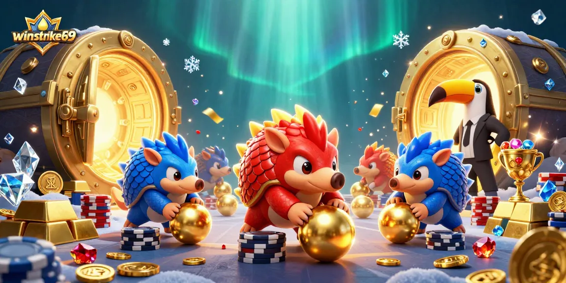 Winstrike69 pangolins bowling through poker chips in a vibrant, dynamic casino scene.