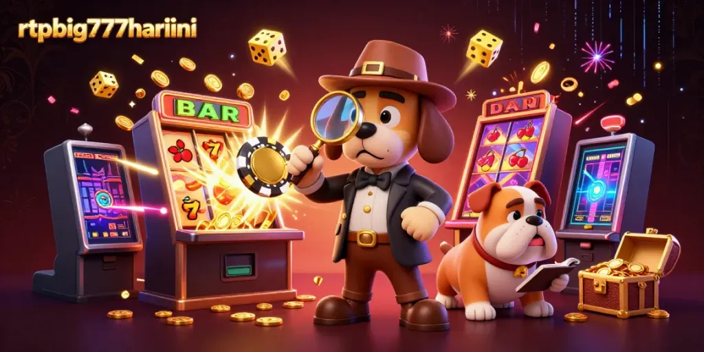 Experience the excitement of rtpbig777hariini with a thrilling 3D casino scene featuring a detective and rich slot game elements.