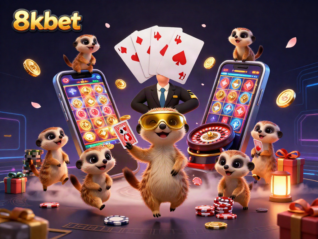 Engage with 8xbet in a lively meerkat casino scene featuring dynamic games and festive elements.
