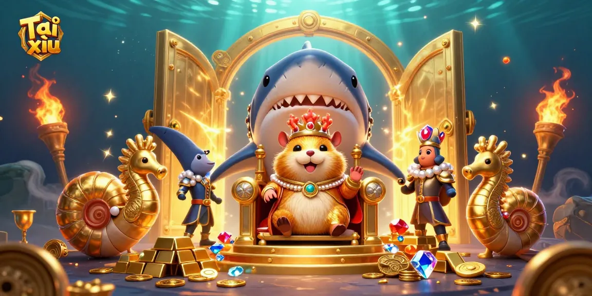 Engage in Tài xỉu with thrilling action amidst treasure and royal characters in an ornate scene.