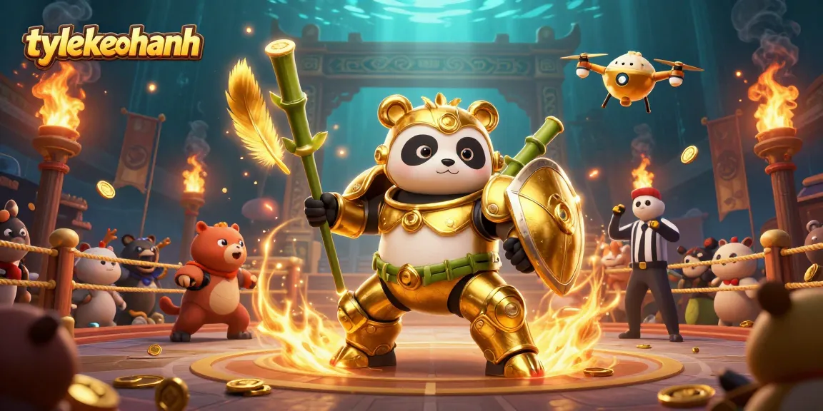 Tylekeonhanh showcases a vibrant 3D illustration of a golden panda in an arena, piloting a robot amidst dynamic gambling-themed elements.