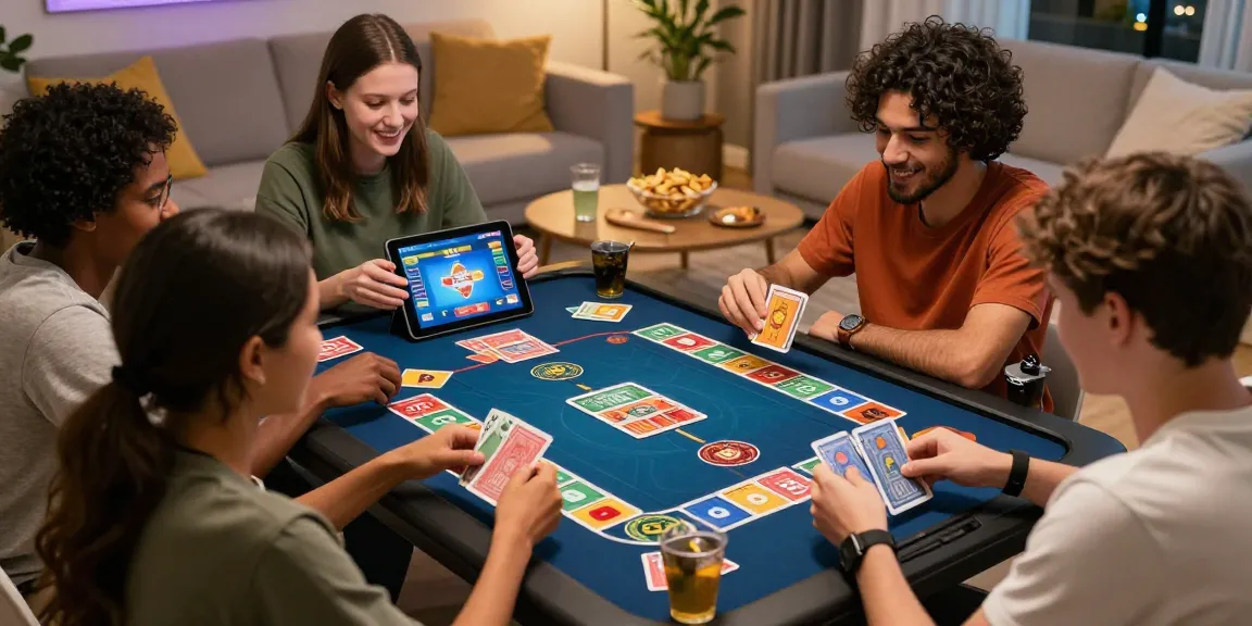 Group of friends playing card games like Rummy showcasing excitement and social fun while earning real cash rewards.