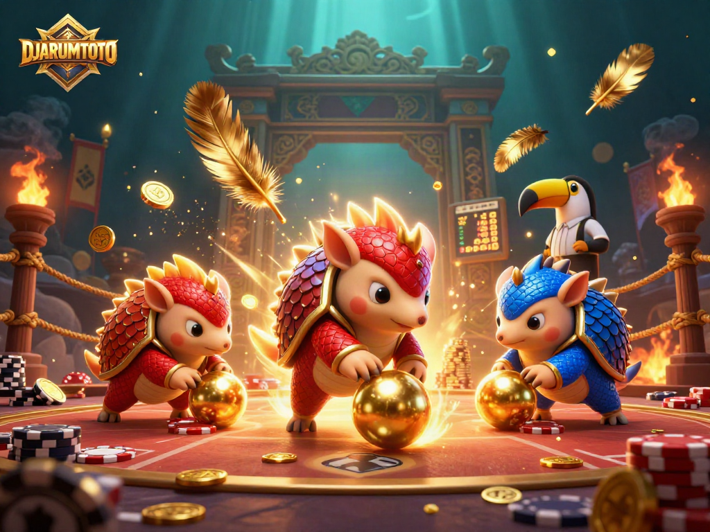 Experience DJARUMTOTO casino excitement with rival pangolins bowling poker chips amidst vibrant gaming elements.