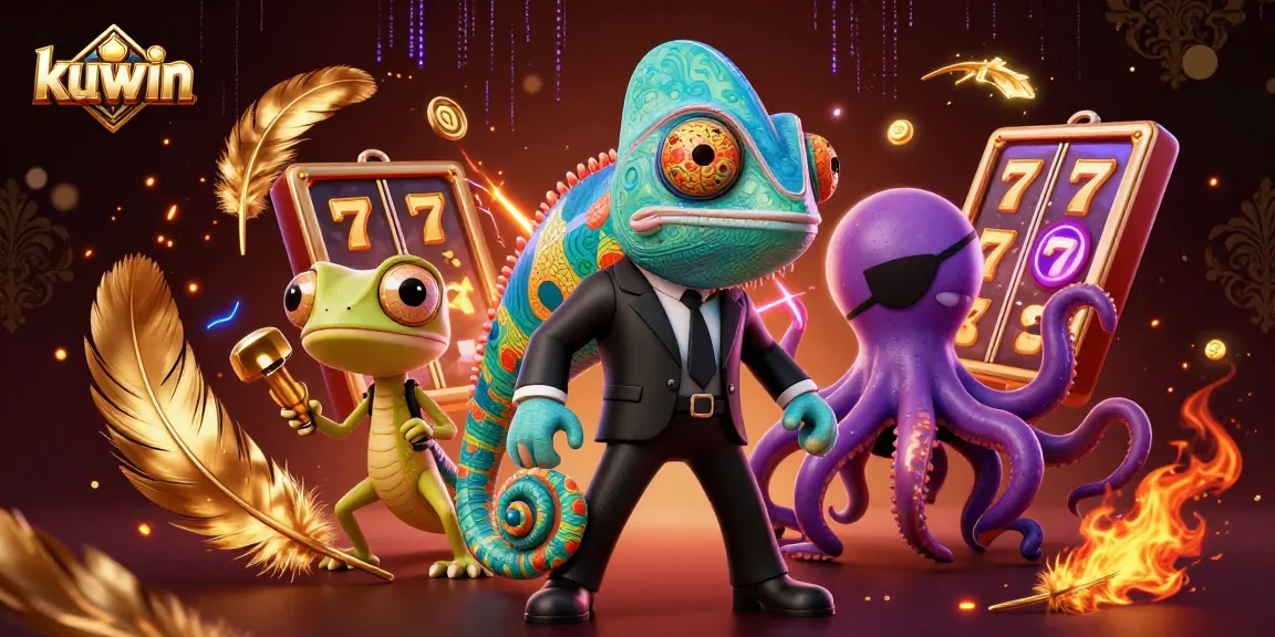 Kuwin slot game adventure featuring chameleon and gecko among dynamic casino elements.