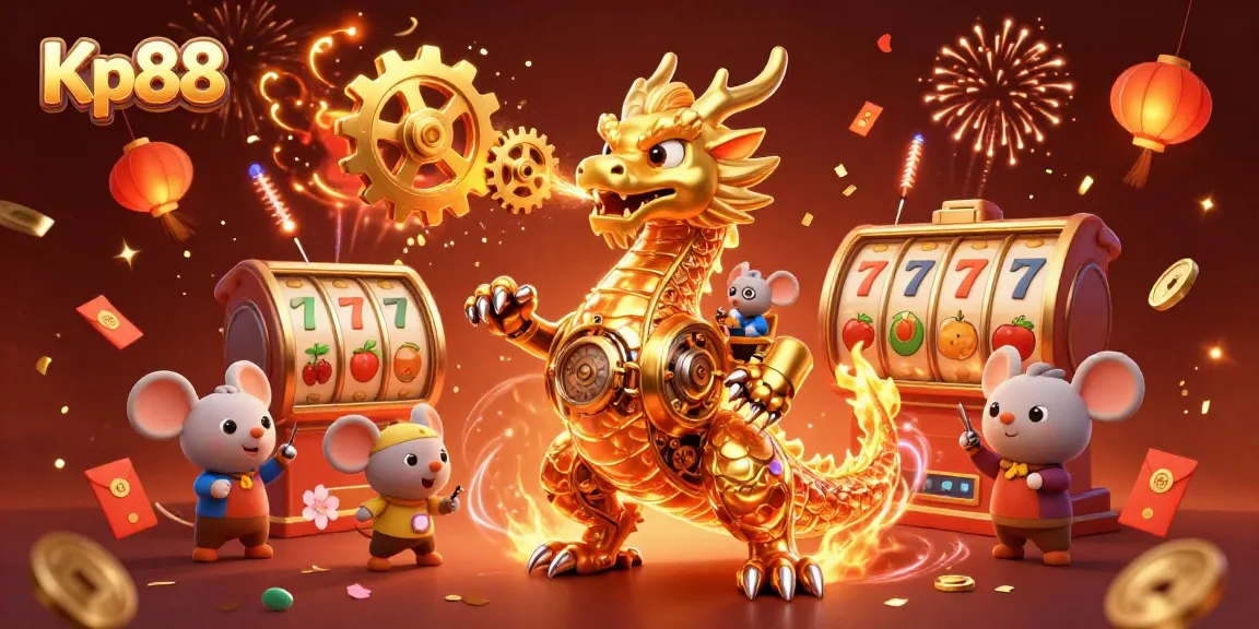 Kp88 offers exciting slot experiences with a golden dragon surrounded by vibrant casino elements.