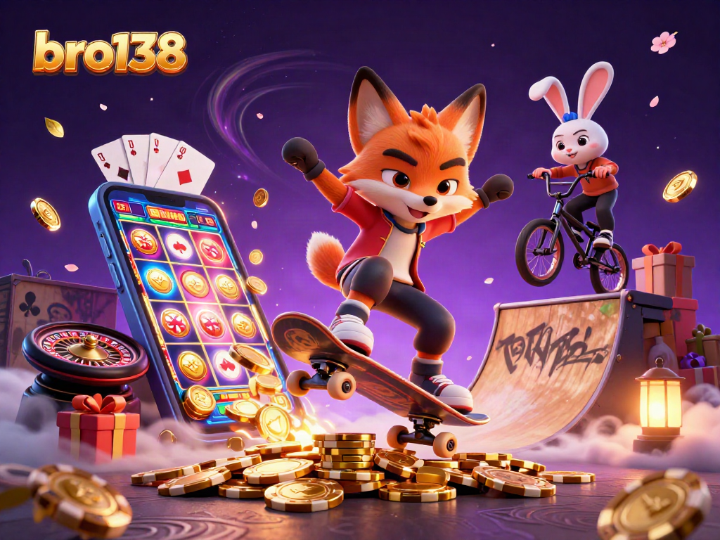 Experience thrilling gameplay at bro138 with a vibrant illustration of a skateboarder fox and rabbit in a casino setting.
