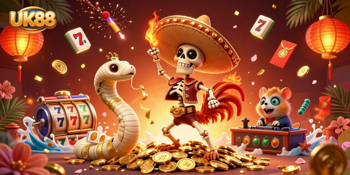 Experience entertainment with UK88's thrilling animated scene showcasing slots and festive characters.