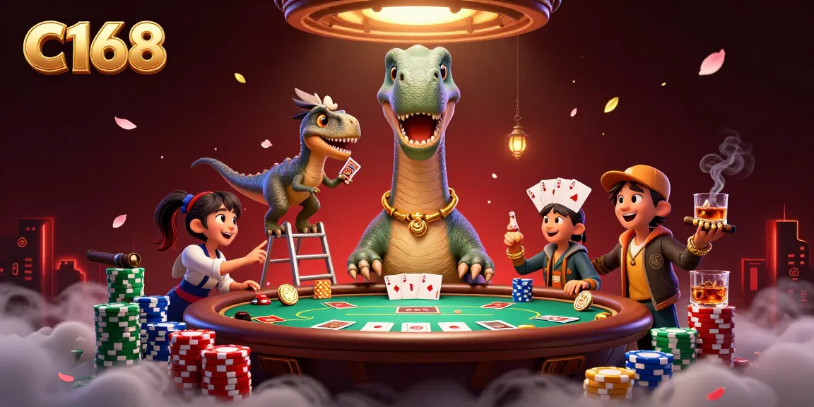 C168 interactive casino scene with a dinosaur and raptor dealing cards at a vibrant poker table.