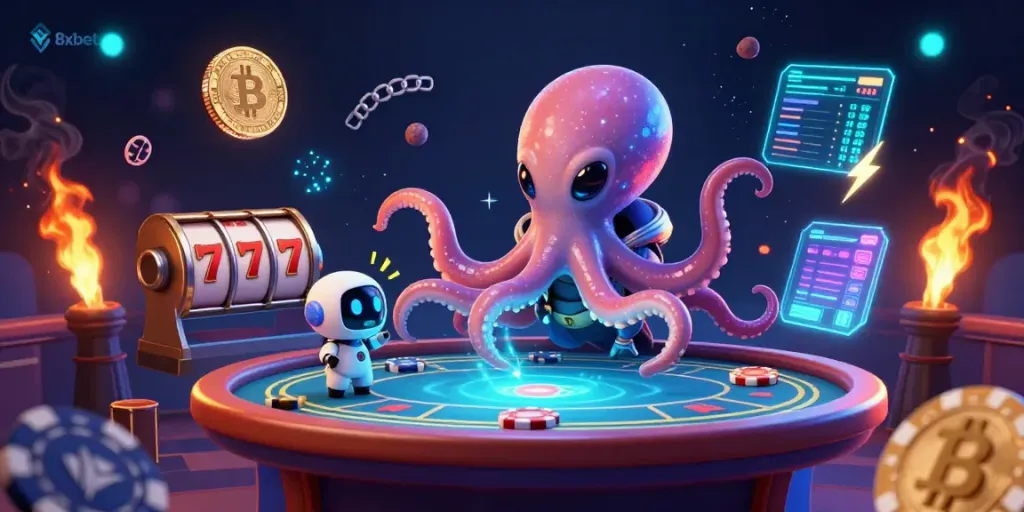 Experience thrilling poker action at 8xbet with an exciting galactic octopus dealer.