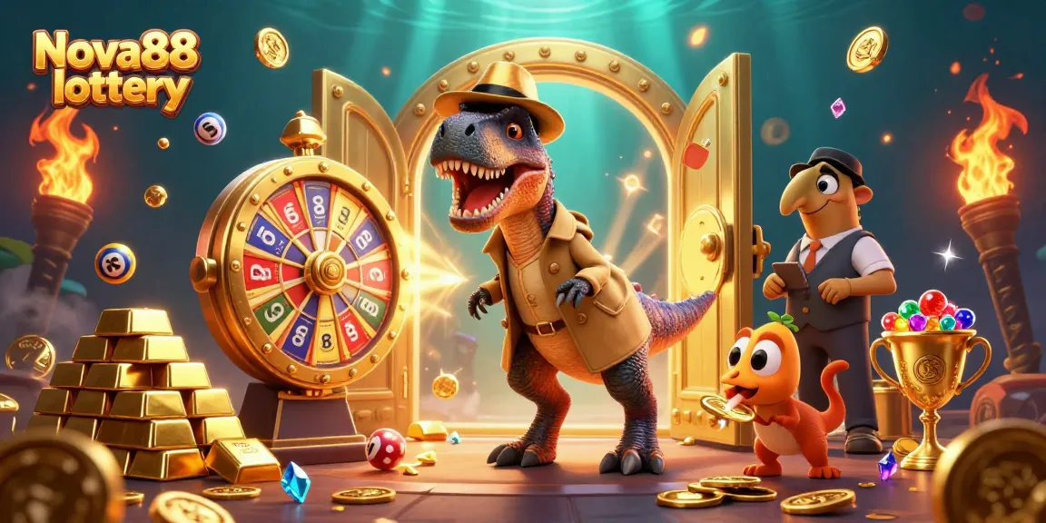 Winning action at the Nova88 lottery with animated characters and colorful balls in a dynamic 3D scene.