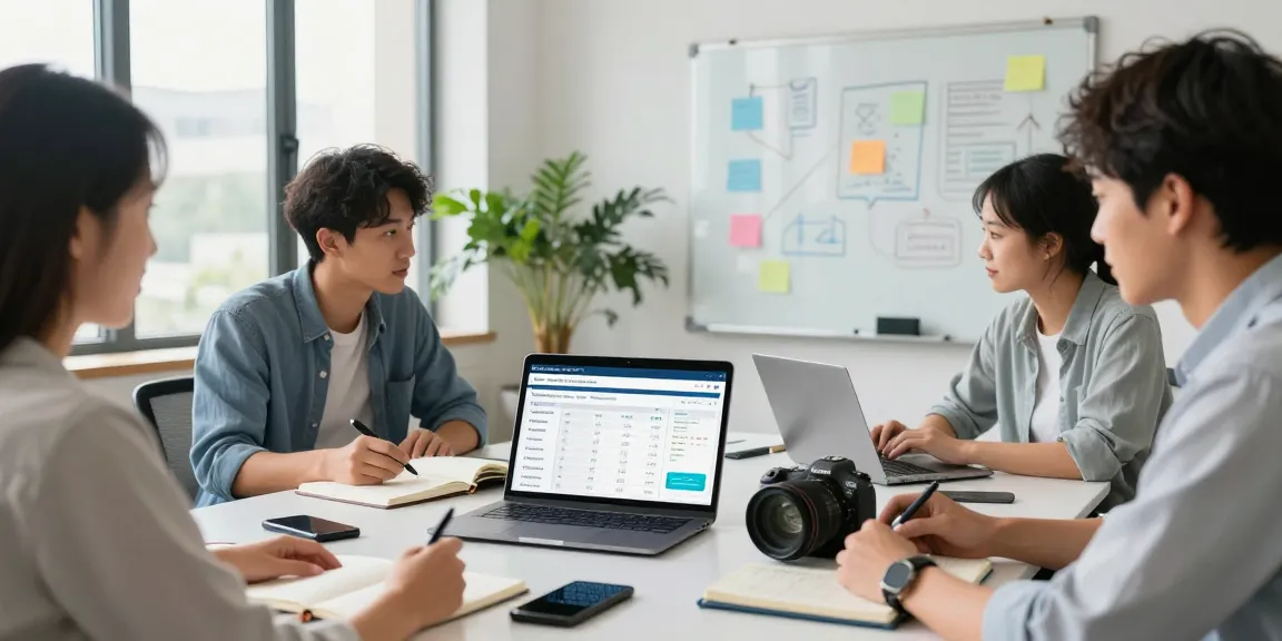 Team collaborating in a digital marketing office with a new registration domain list displayed on a laptop screen, showcasing teamwork and strategy.