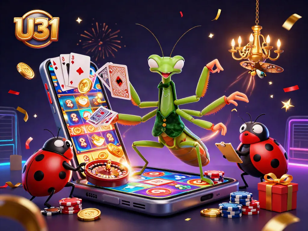 Win with U31 in an exciting casino scene featuring a giant mantis dealer and vibrant gaming elements.