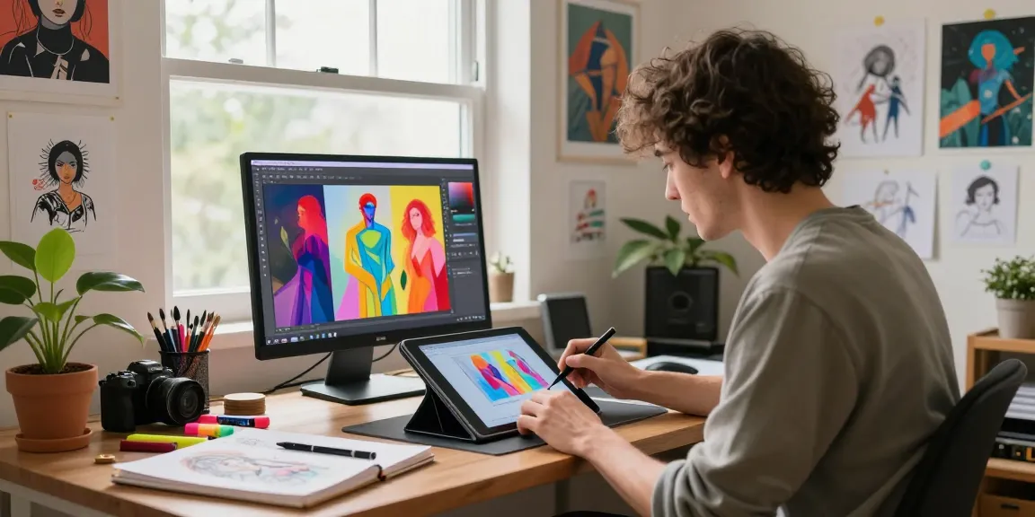 Creating vibrant NSFW AI art in a cozy studio with natural light and creative supplies.