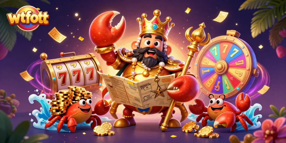 Experience thrilling gameplay with wtfott's vibrant slot reels and a golden crab emperor amidst festive gaming elements.