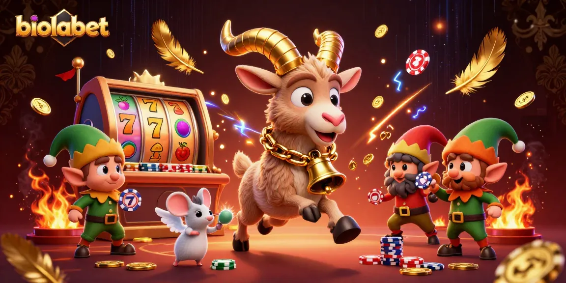 Menggambarkan biolabet dalam suasana kasino yang meriah dengan karakter ceria, chip poker, dan elemen slot yang berkilau.