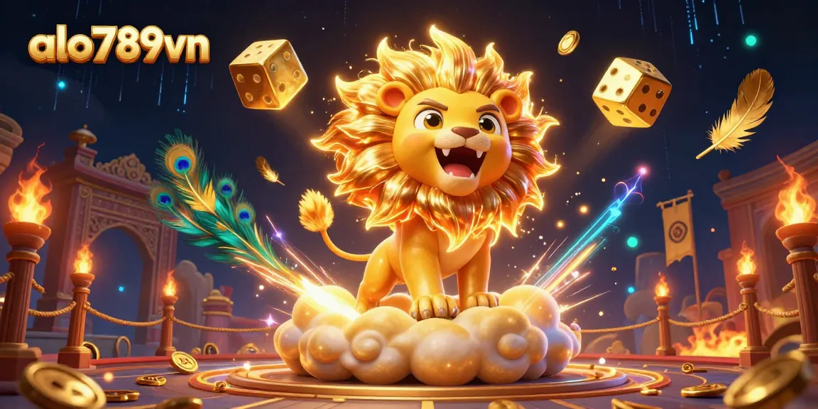 Alo789vn showcases a dynamic 3D scene with a lion and dice in a thriving cockfighting arena.