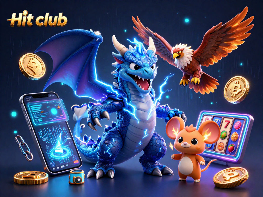 Experience exciting gaming at Hit club with vibrant slot symbols and dynamic crypto elements.