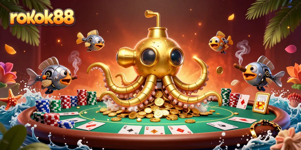 Rokok88 dan kraken emas dalam ilustrasi kasino yang penuh uang koin!