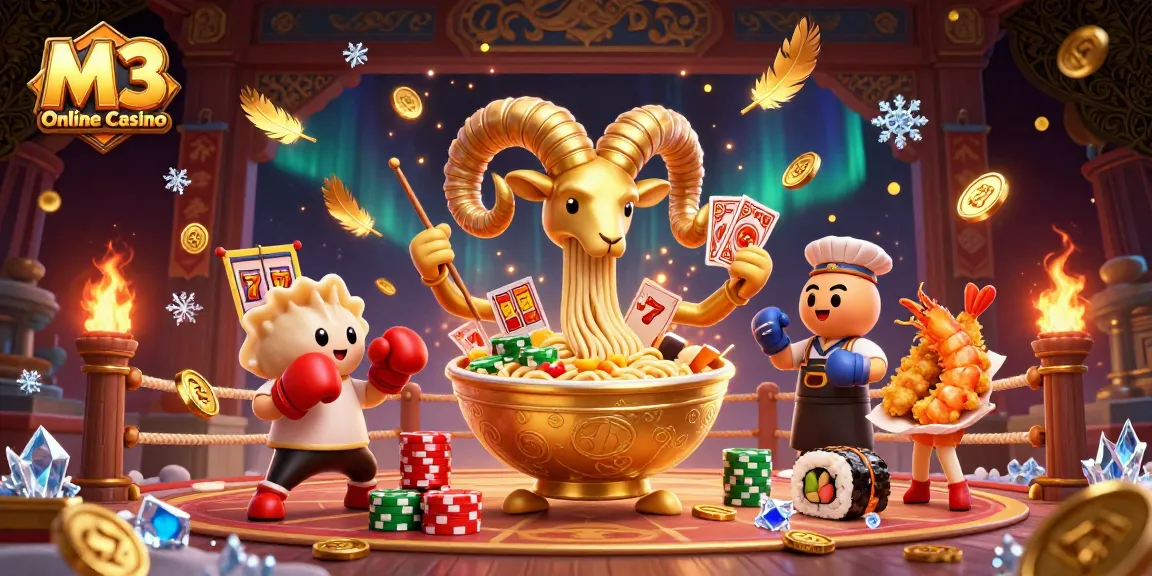 M3 Online Casino features a vibrant gambling scene with a giant ramen bowl character and dynamic game elements.