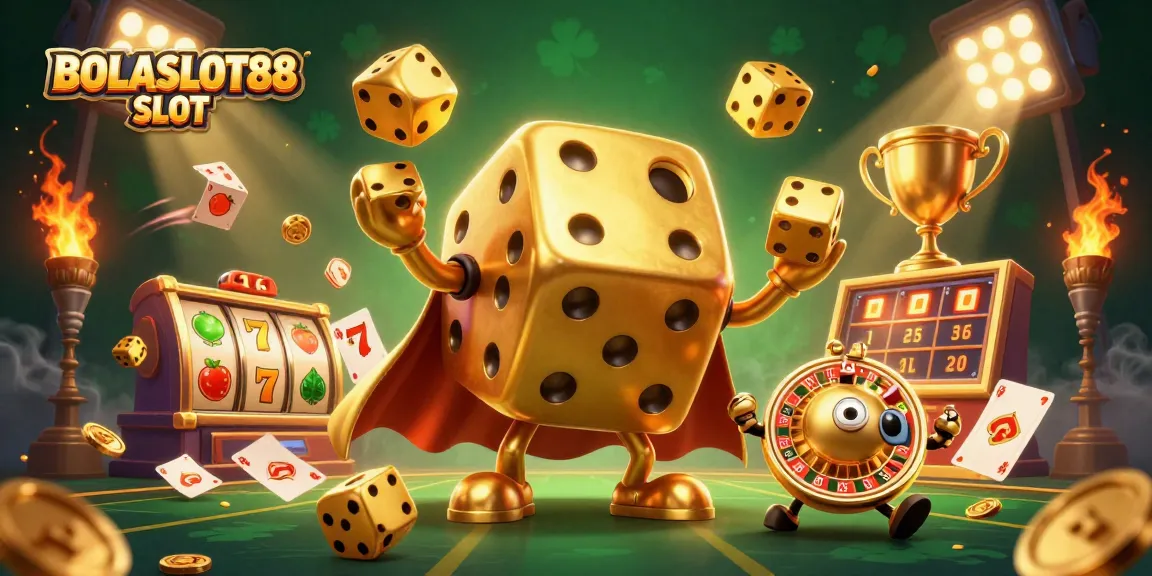 Engage with BOLASLOT88 SLOT through dynamic slot games featuring golden dice and lively gambling elements.