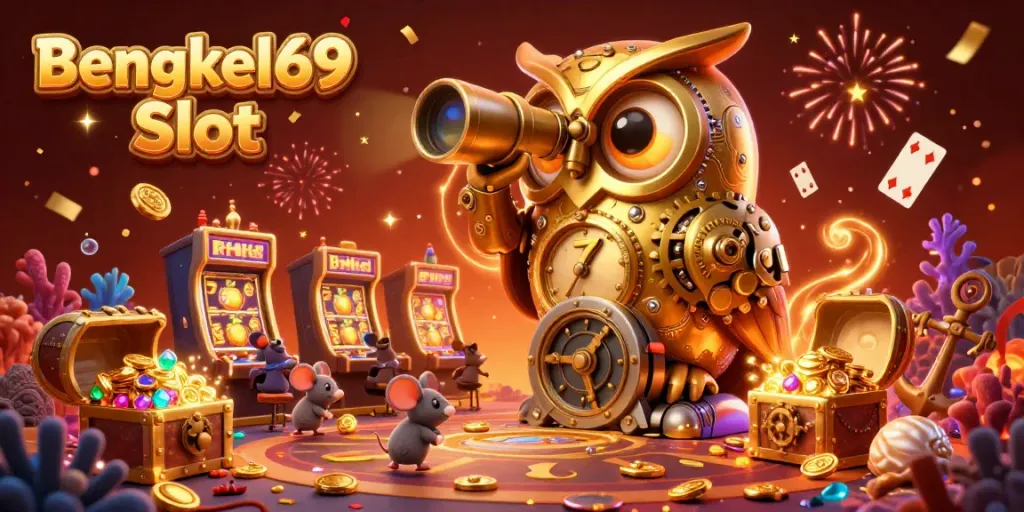 Bengkel69 Slot showcases a lively casino scene featuring a golden owl and vibrant game elements.