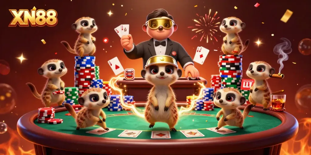 Experience thrilling gameplay at XN88 with cheerful meerkats managing a lively casino scene filled with colorful poker chips and dynamic action.
