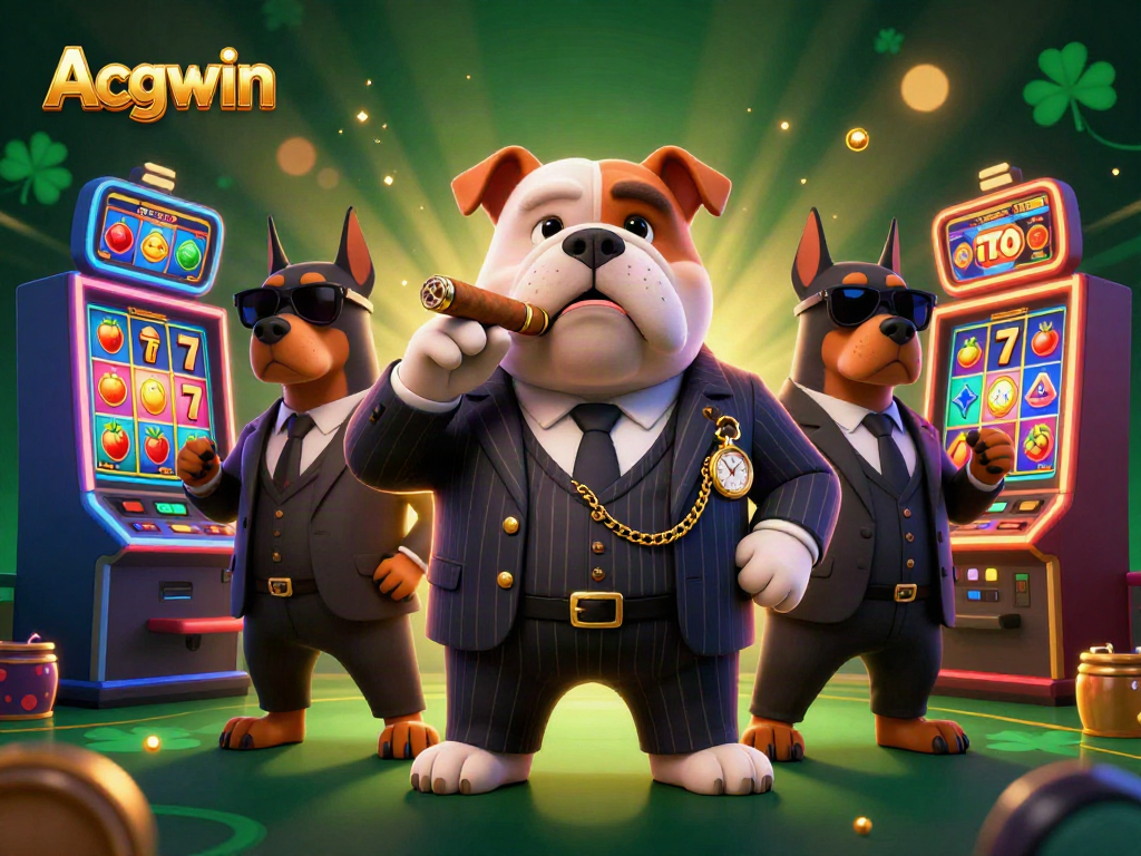 Spin jackpots with Acgwin in this vibrant casino scene featuring animated characters and game elements.