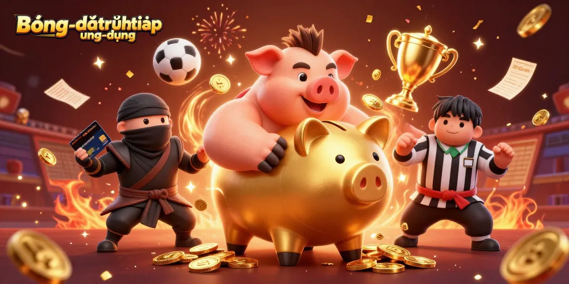 Engaging scene depicting Bóngđátrựctiếpứngdụng with a dynamic golden piggy bank sumo wrestler, thrilling trophy and betting slips!