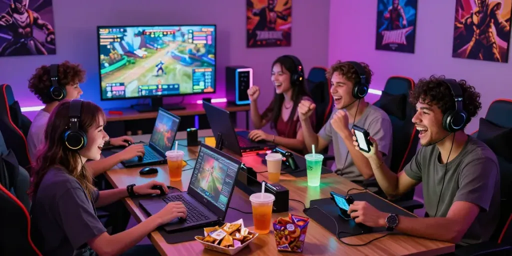 Suasana bermain game online di platform diana4d dengan teman-teman yang ceria dan penuh energi.