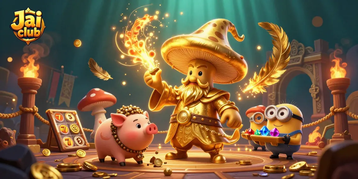 Experience Jai club's magical treasures with a golden mushroom wizard and dynamic slot elements.